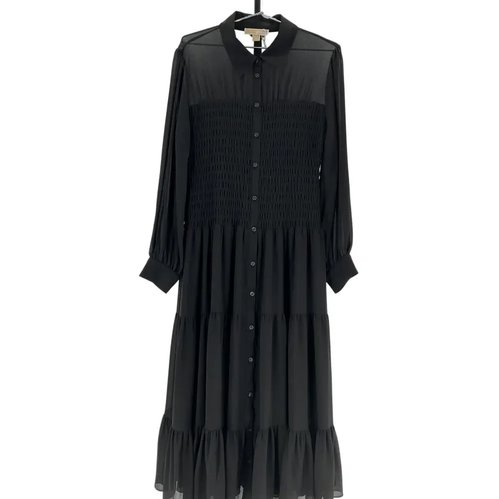 Michael Kors Elegant Black Smocked Button-Front Dress Size XL
